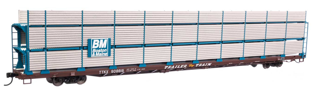 Walthers Mainline HO 910-8301 89' Flatcar with Tri-Level Shielded Auto Rack, Boston and Maine/TT (Brown) #908816