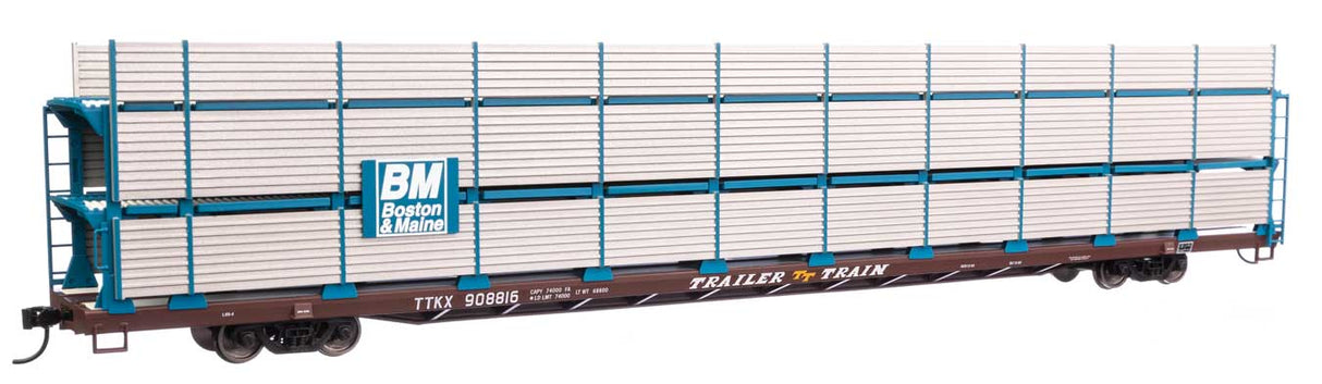 Walthers Mainline HO 910-8301 89' Flatcar with Tri-Level Shielded Auto Rack, Boston and Maine/TT (Brown) #908816