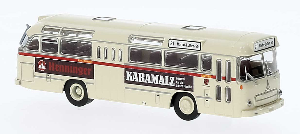 PREORDER Brekina HO 59536 1960 Magirus Saturn II Bus, Assembled, Mainz, Germany (ivory, black, red, Henninger Karamalz Ad, German)