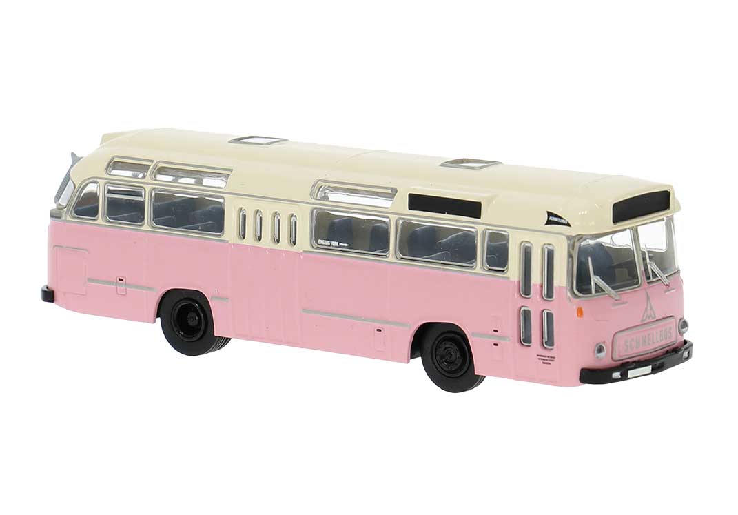 PREORDER Brekina HO 59541 1960 Magirus Saturn II Bus, Assembled, Hamburg, Germany (pink, ivory, German Lettering)