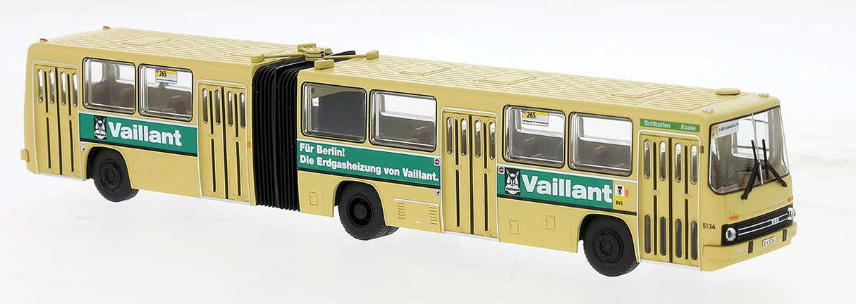 PREORDER Brekina HO 59733 1985 Ikarus 280.02 Articulated Bus, Assembled, BVG, Germany (yellow, green, Vailiant Ad, German Lettering)