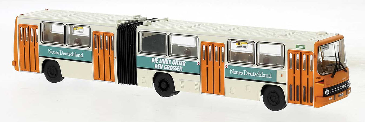 PREORDER Brekina HO 59732 1985 Ikarus 280.02 Articulated Bus, Assembled, BVG, Germany (cream, orange, Neues Deutschland Ad, German Lettering)