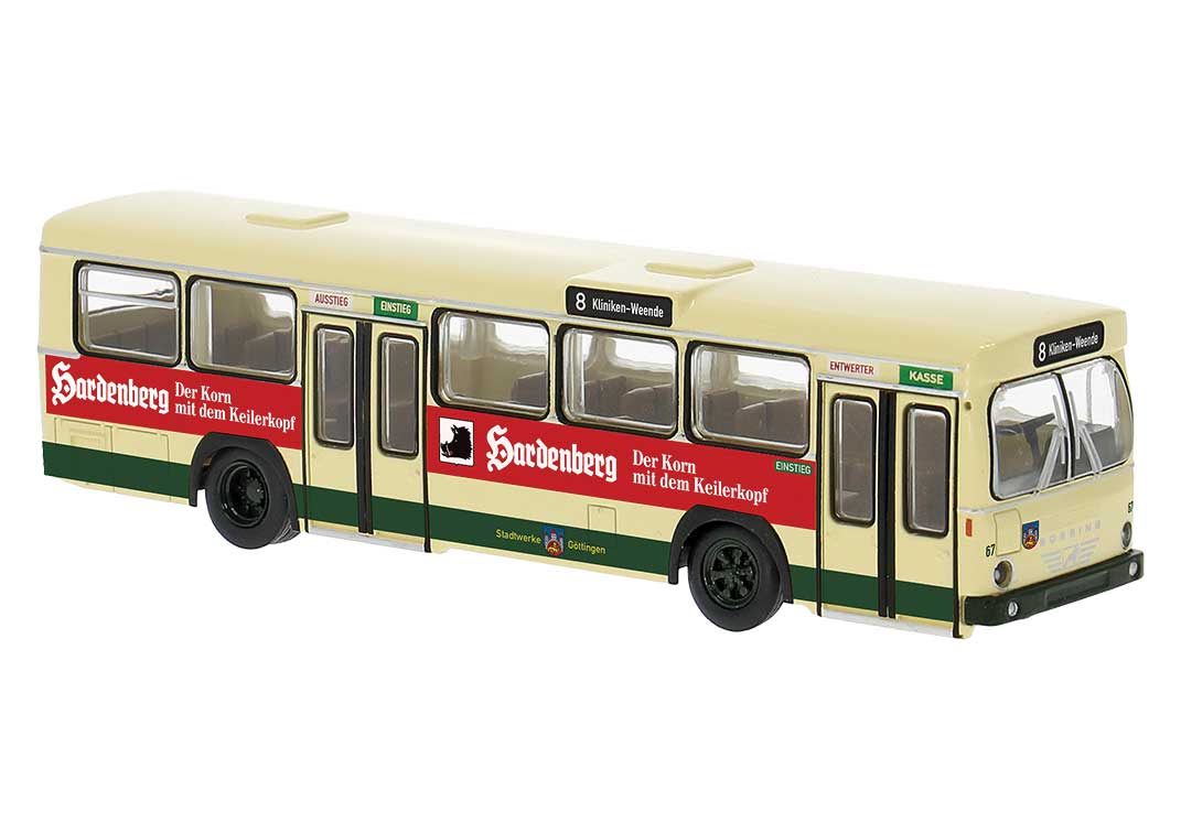 PREORDER Brekina HO 59162 Bussing BS 110V Bus, Assembled, Gottingen, Germany (ivory, red, Hardenberg Volsing Ad, German Lettering)