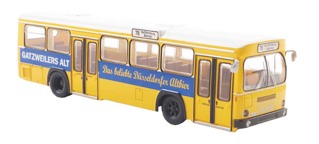 PREORDER Brekina HO 59151 Bussing BS 110V Bus, Assembled, German Post (yellow, black, blue Gatzweiler Ad, German Lettering)