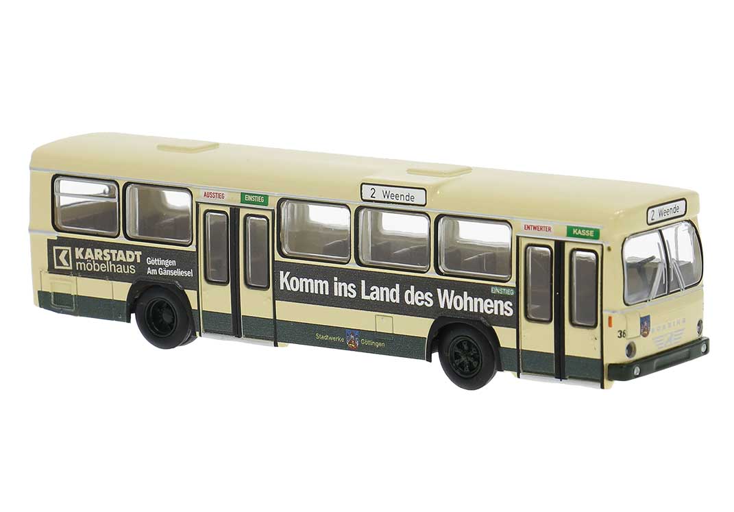 PREORDER Brekina HO 59157 Bussing BS 110V Bus, Assembled, Gottingen, Germany (beige, black, Karstadt Ad, German Lettering)