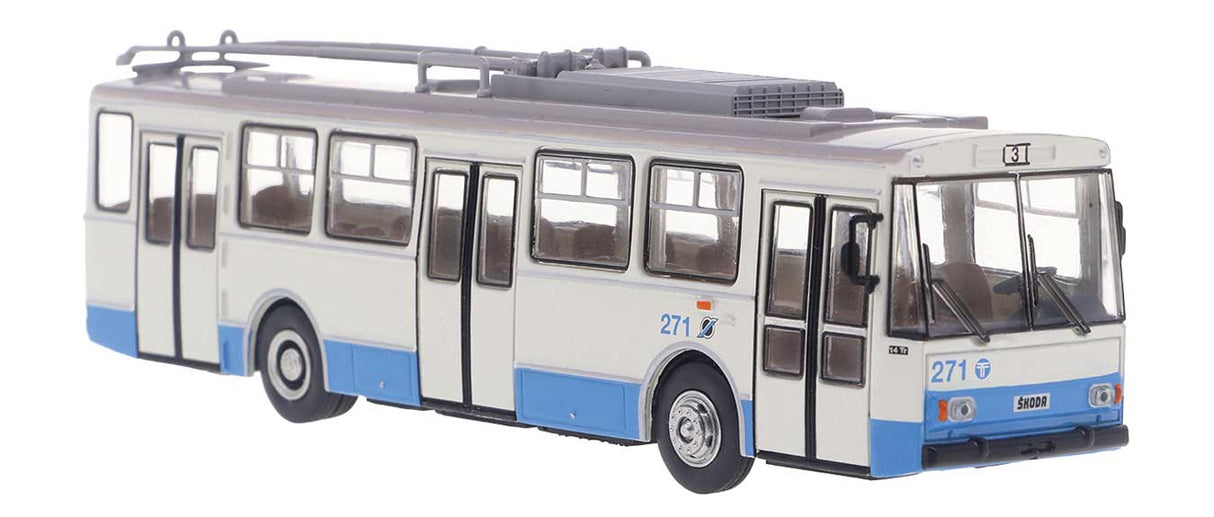 PREORDER Brekina HO 61378 Skoda Tr 14 Electric Trolley Bus, Assembled, Tallinn, Germany (white, blue, German Lettering)