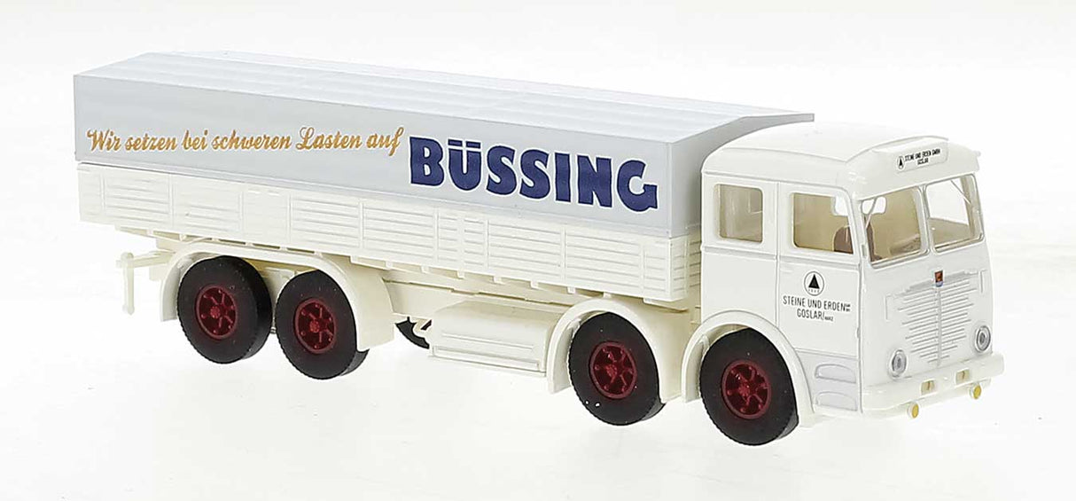 PREORDER Brekina HO 74641 1950s Bussing 16000 Low-Side Truck with Cover, Assembled, Steine und Erden (ivory, red, blue, German Lettering)