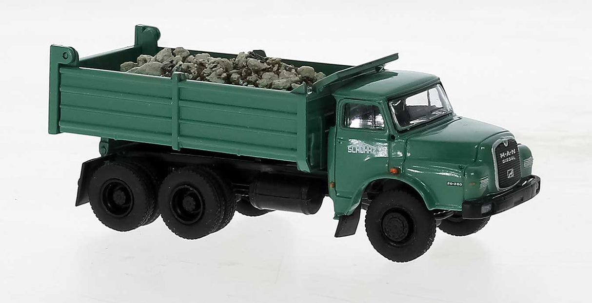 PREORDER Brekina HO 78107 1972 MAN 26.280 DHAK Dump Truck with Load, Assembled, Schwarzbau (green, German Lettering)