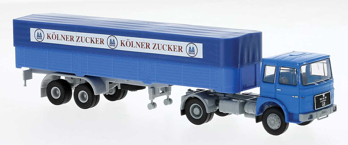 PREORDER Brekina HO 78150 1968 MAN F7 Tractor with Low-Side Covered Trailer, Assembled, Kolner Zucker (blue, gray, German Lettering)