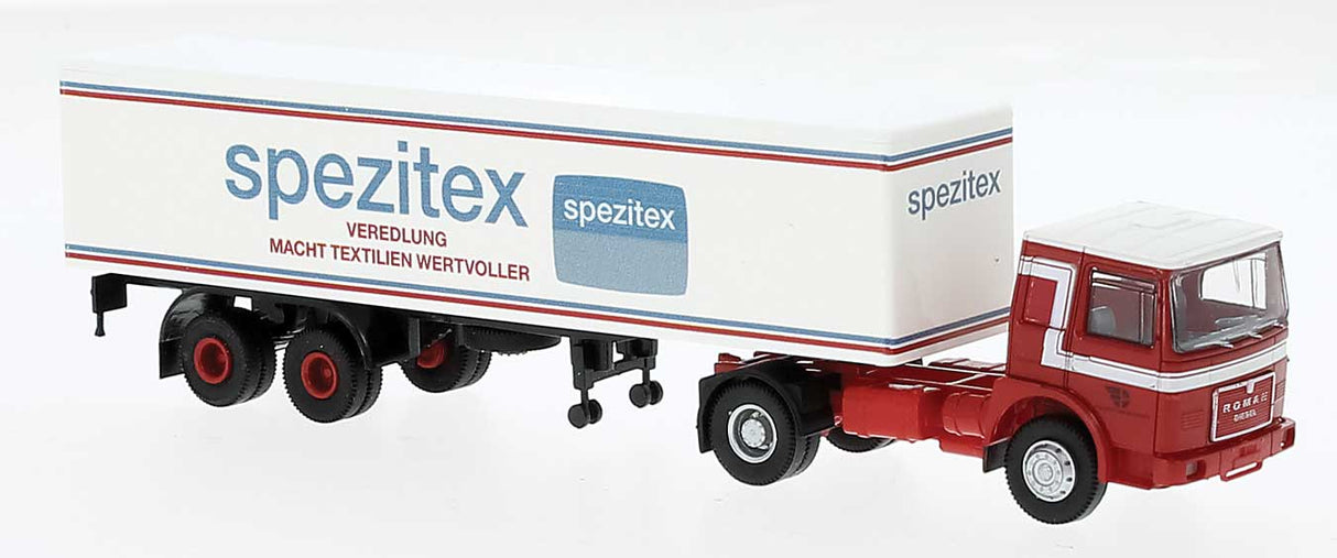 PREORDER Brekina HO 78151 1968 Roman Tractor with Van Trailer, Assembled, Spezitex (red, white, blue, German Lettering)