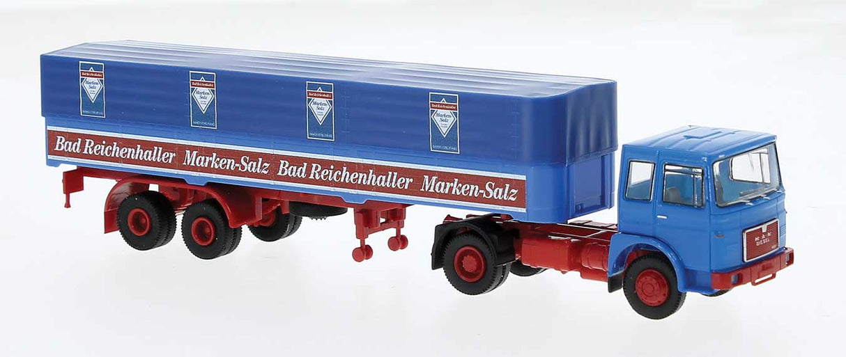 PREORDER Brekina HO 78158 1968 MAN F7 Tractor with Low-Side Covered Trailer, Assembled, Bad Reichenhall (blue, red, white, German Lettering)