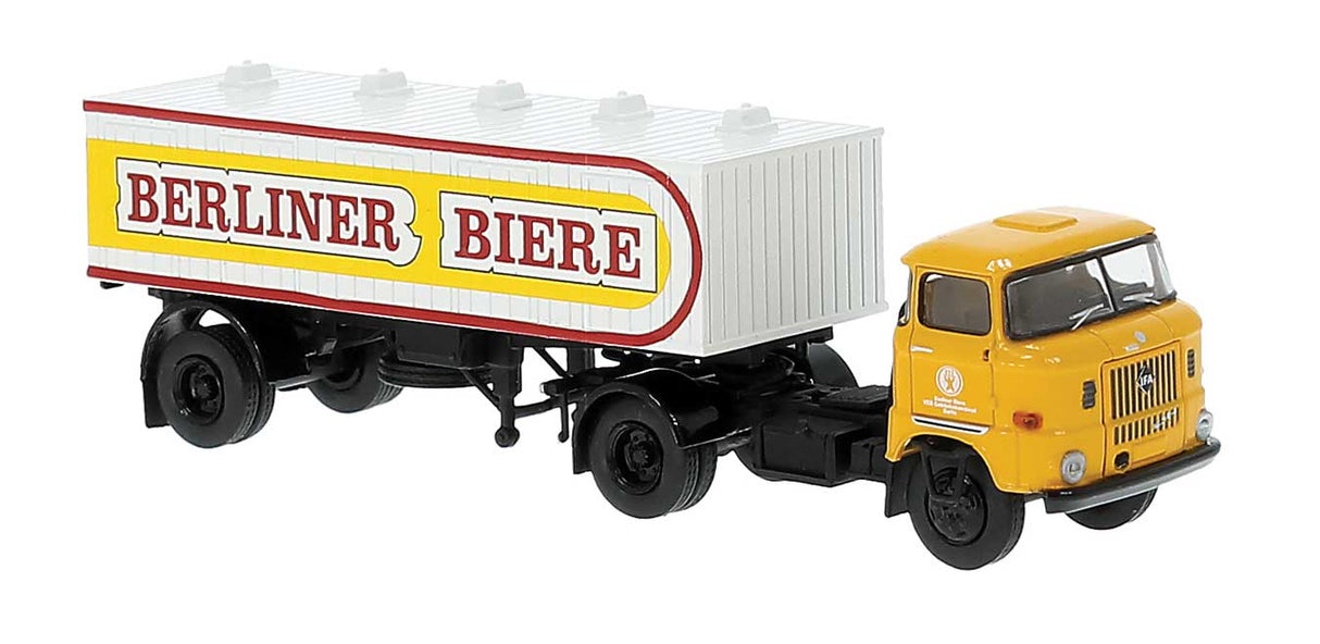 PREORDER Brekina HO 71212 1965 IFA W 50 Tractor with Beer Tank Trailer, Assembled, Berliner Bier (yellow, white, red, German Lettering)