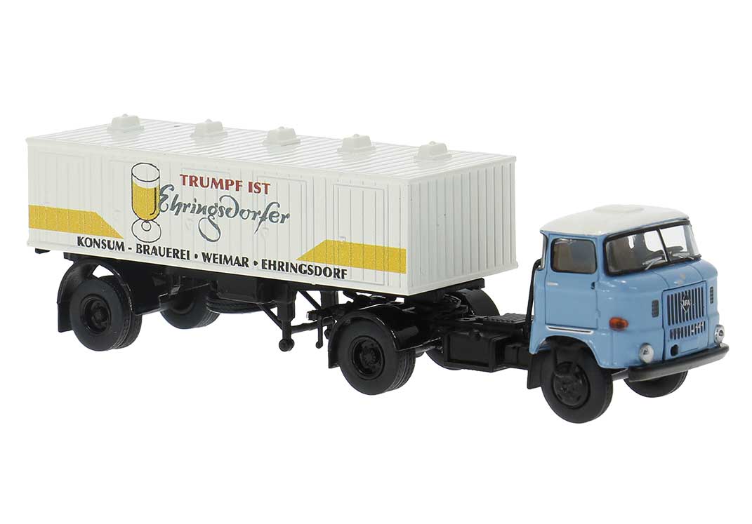 PREORDER Brekina HO 71218 1965 IFA W 50 Tractor with Corrugated Trailer, Assembled, Ehringsdorfer (blue, white, yellow, German Lettering)