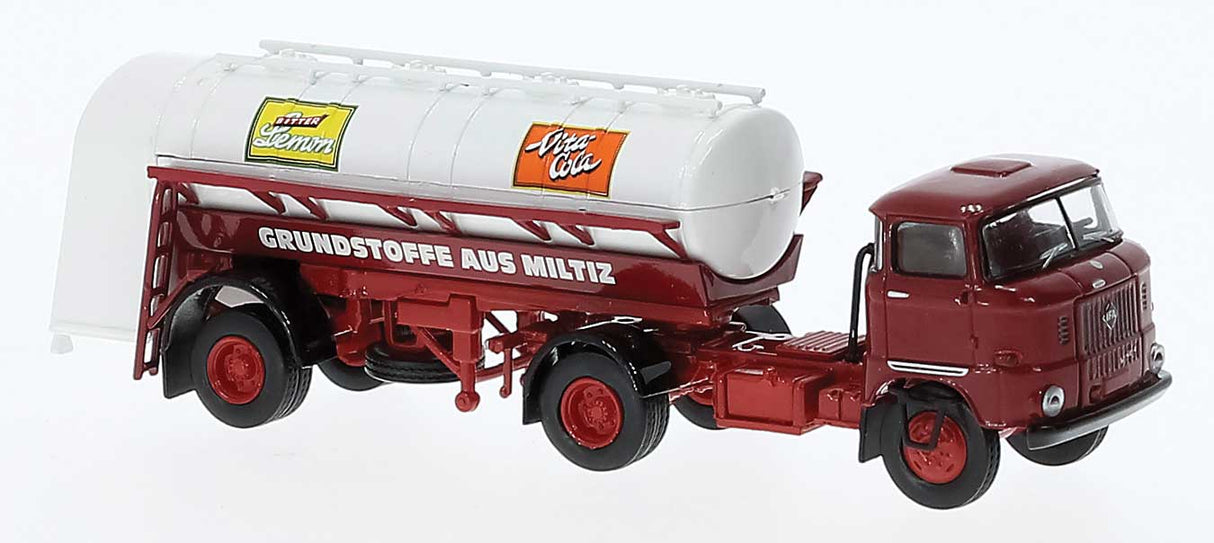 PREORDER Brekina HO 71210 1965 IFA W 50 Tractor with Tank Trailer, Assembled, Vita Cola (red, white, German Lettering)