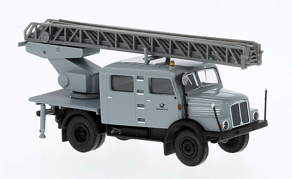 PREORDER Brekina HO 71768 1960s IFA S 4000-1 Crew Cab Service Truck with Ladder, Assembled, Deutschen Post (gray, black, German Lettering)