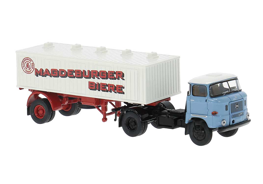PREORDER Brekina HO 71216 1965 IFA W 50 Tractor with Beer Tank Trailer, Assembled, Magdeburger (blue, white, red, German Lettering)