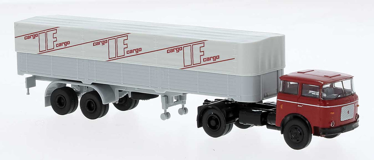PREORDER Brekina HO 71827 1957-1987 Skoda-LIAZ 706 Tractor with Covered Low-Side Trailer, Assembled, Interflug-Cargo (red, white, gray, black, German Lettering)
