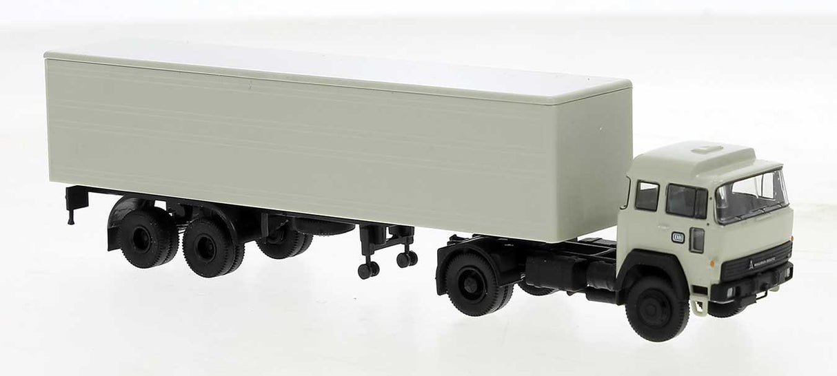 PREORDER Brekina HO 83256 1974 Magirus 310 D16 Tractor with Van Trailer, Assembled, German Federal Railroad DB (ivory)