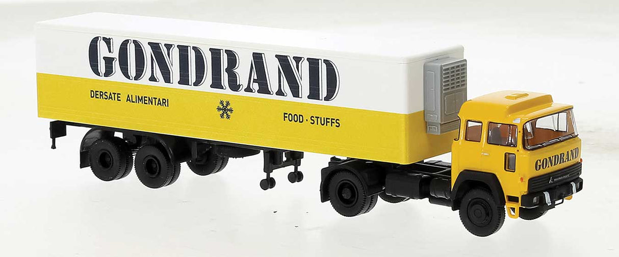 PREORDER Brekina HO 83285 1974 Magirus 310 D SZM Tractor with Reefer Trailer, Assembled, Gondrand (yellow, white, black, Italian Lettering)