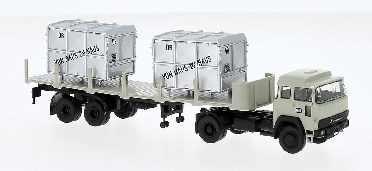PREORDER Brekina HO 83288 1974 Magirus 310 D SZM Tractor with Stake Trailer LCL Container Load, Assembled, German Federal Railroad DB (gray, black, German Lettering)
