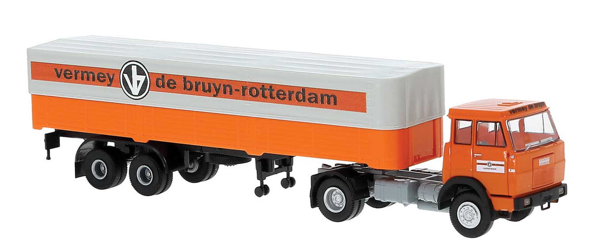 PREORDER Brekina HO 82260 Henschel F161 Tractor with Covered Low-Side Trailer, Assembled, Vermey de Bruyn (orange, white, German Lettering)