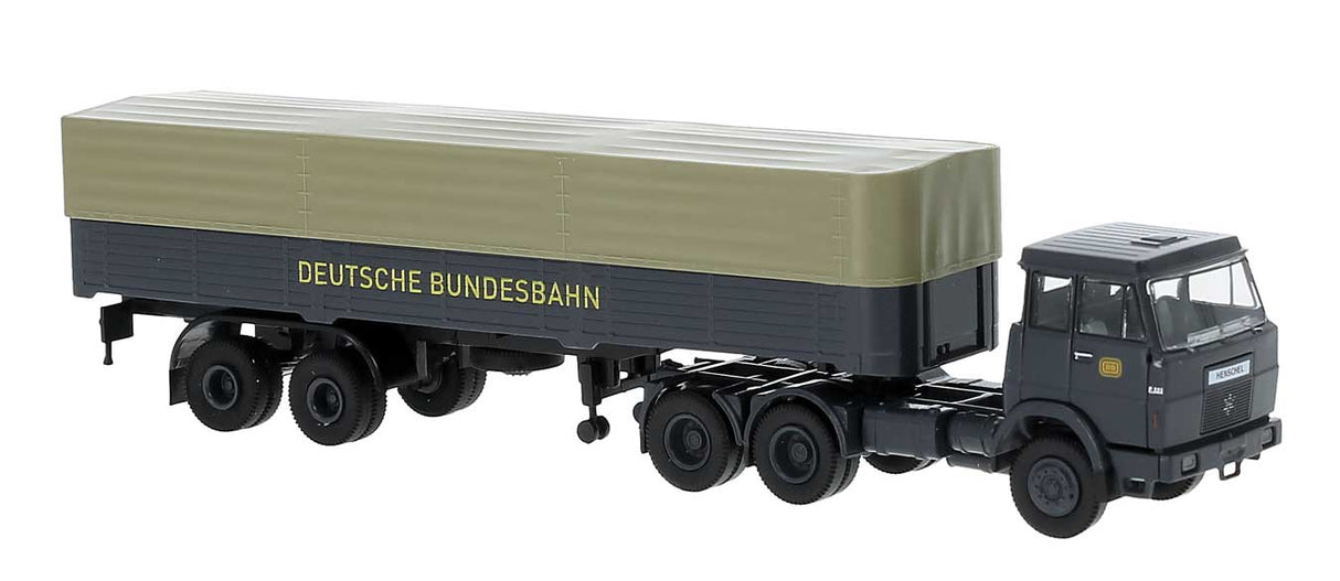 PREORDER Brekina HO 82261 Henschel F161 Tractor with Covered Low-Side Trailer, Assembled, German Federal Railroad DB (gray, yellow, German Lettering)