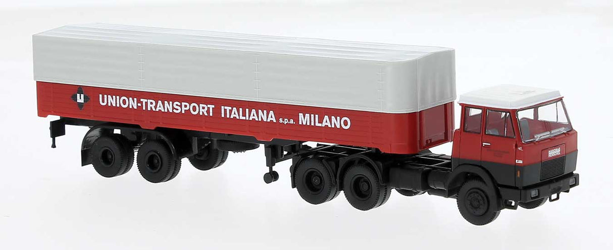 PREORDER Brekina HO 82253 Henschel F221S Tractor with Low-Side Covered Trailer, Assembled, Union Transport Italy (red, white, Italian Lettering)