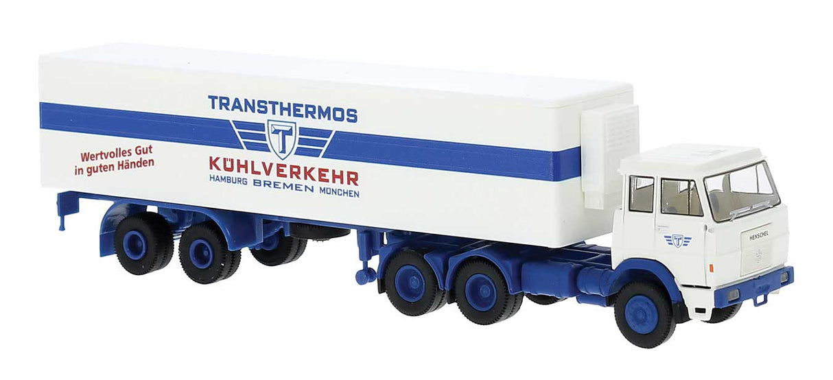 PREORDER Brekina HO 82254 Henschel F161 Tractor with Reefer Trailer, Assembled, Transthermos (white, red, blue, German Lettering)