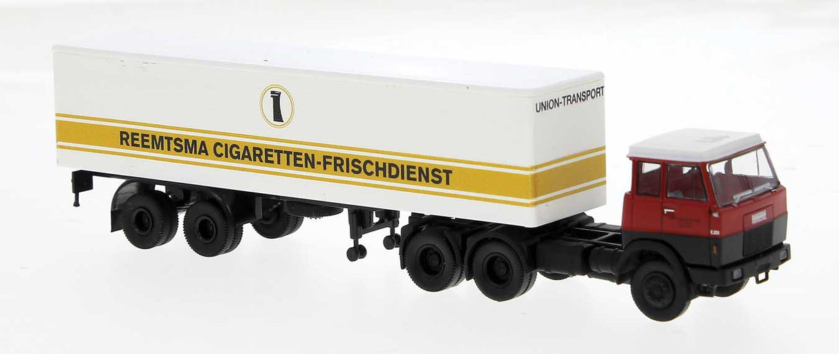 PREORDER Brekina HO 82252 Henschel F221S Tractor with Van Trailer, Assembled, Reemtsma der Union Transport (red, white, yellow, German Lettering)