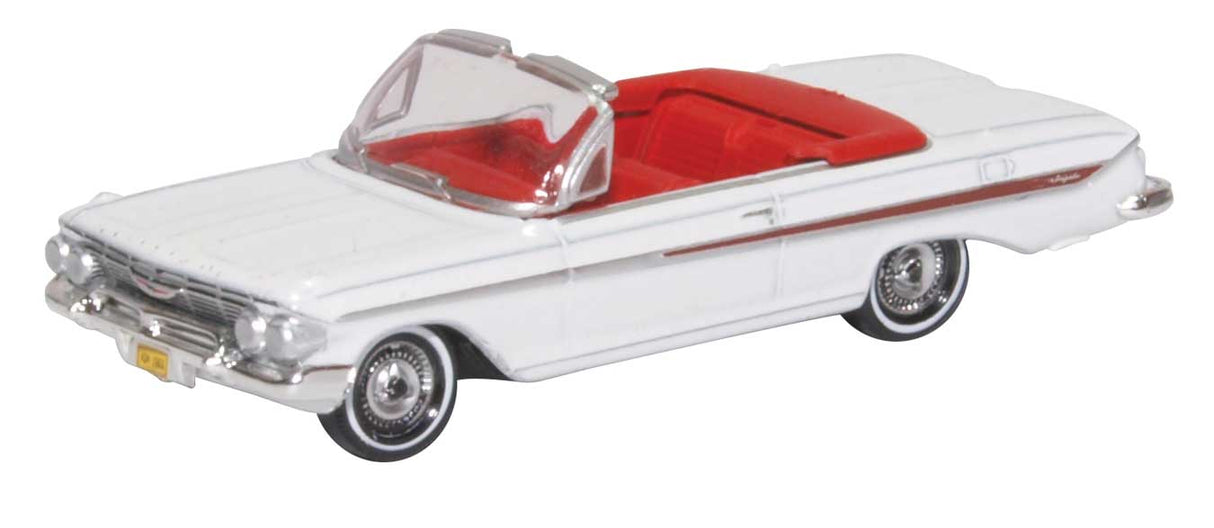 Oxford Diecast HO 87CI61003 1961 Chevy Impala Convertible, Assembled, White, Roman Red