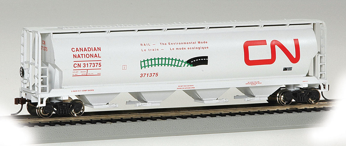 Bachmann Trains HO 19132 Canadian Cylindrical 4-Bay Grain Hopper, Silver Series, Canadian National (white, red; Large Noodle, Environmental Mode Logos)