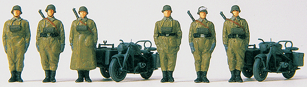 Preiser HO 16571 Former German Army WWII Motorcycle Troops (Plastic Kit), 2 Zundapp S 750 Cycles with Sidecars & 6 Figures Standing at Attention