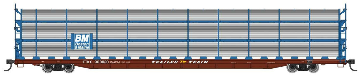 Walthers Mainline HO 910-8301 89' Flatcar with Tri-Level Shielded Auto Rack, Boston and Maine/TT (Brown) #908816