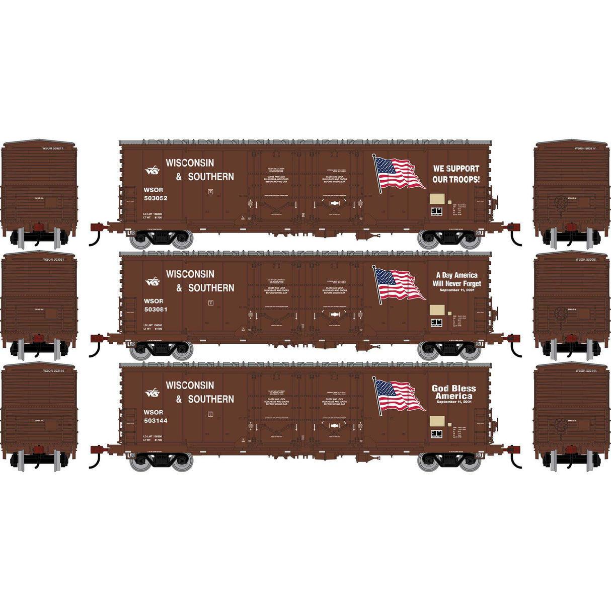 PREORDER Athearn HO ATH-3638 50' Evans Double Plug Door Box Car, WSOR 'Flag Cars' #503052/503081/503144 (3)