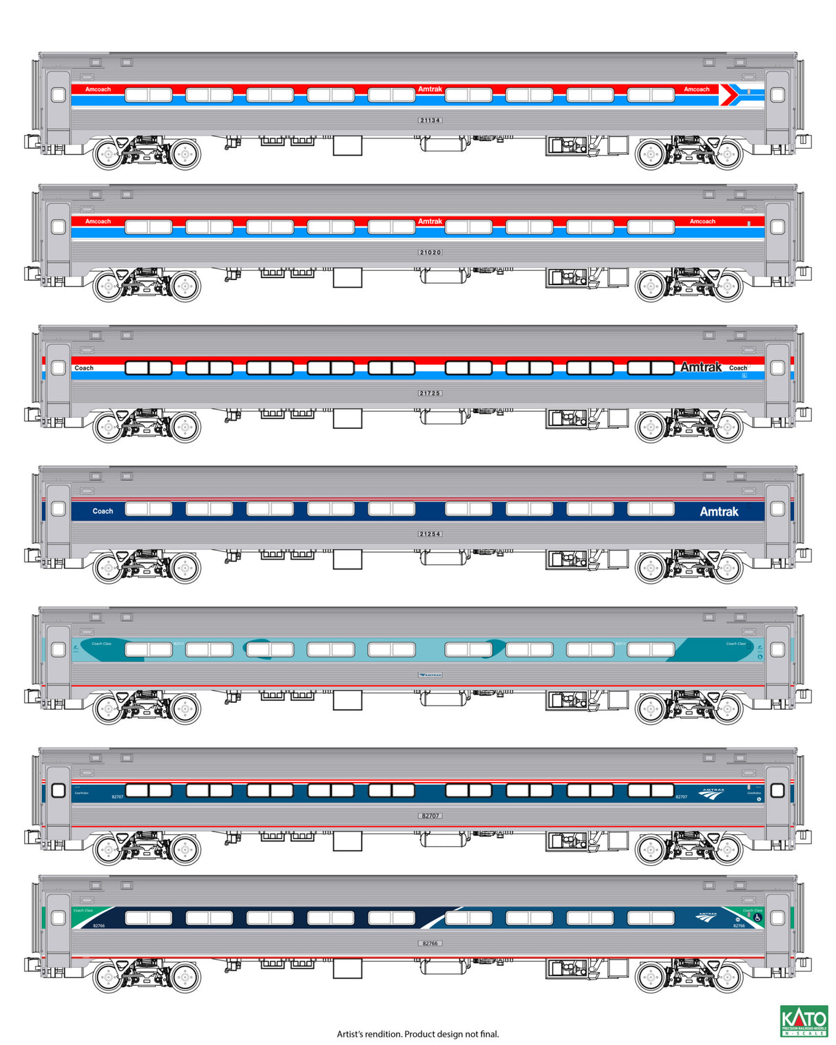 PREORDER Kato N 106-105-1 Amfleet 1 Coach 7-Pack, Amtrak 1 Each of All Phases of Paint Schemes (Preinstalled Lights)