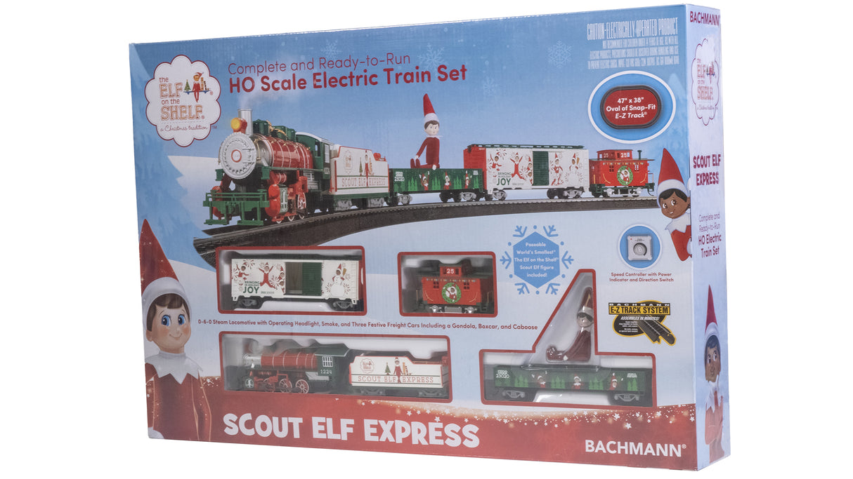Bachmann Trains HO 00779 Elf on the Shelf Scout Elf Express, Standard DC, 0-6-0, 3 Cars, 47 x 38" E-Z Track Oval, Elf Figure, Speed Controller