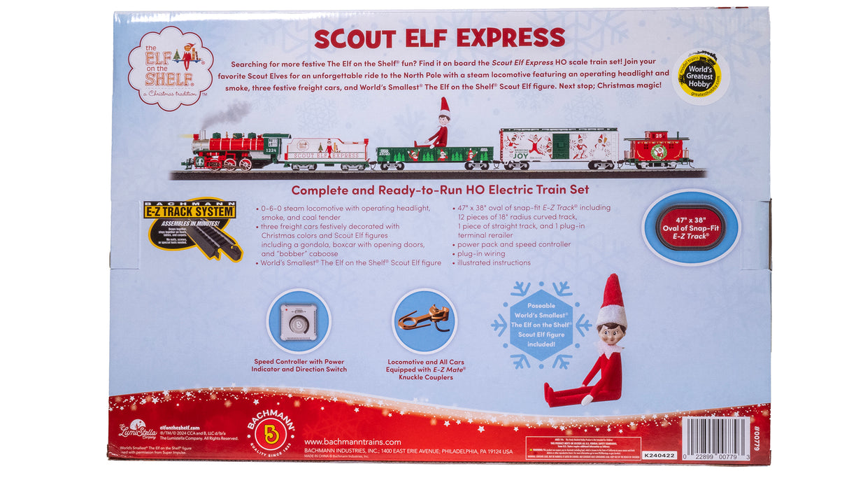 Bachmann Trains HO 00779 Elf on the Shelf Scout Elf Express, Standard DC, 0-6-0, 3 Cars, 47 x 38" E-Z Track Oval, Elf Figure, Speed Controller