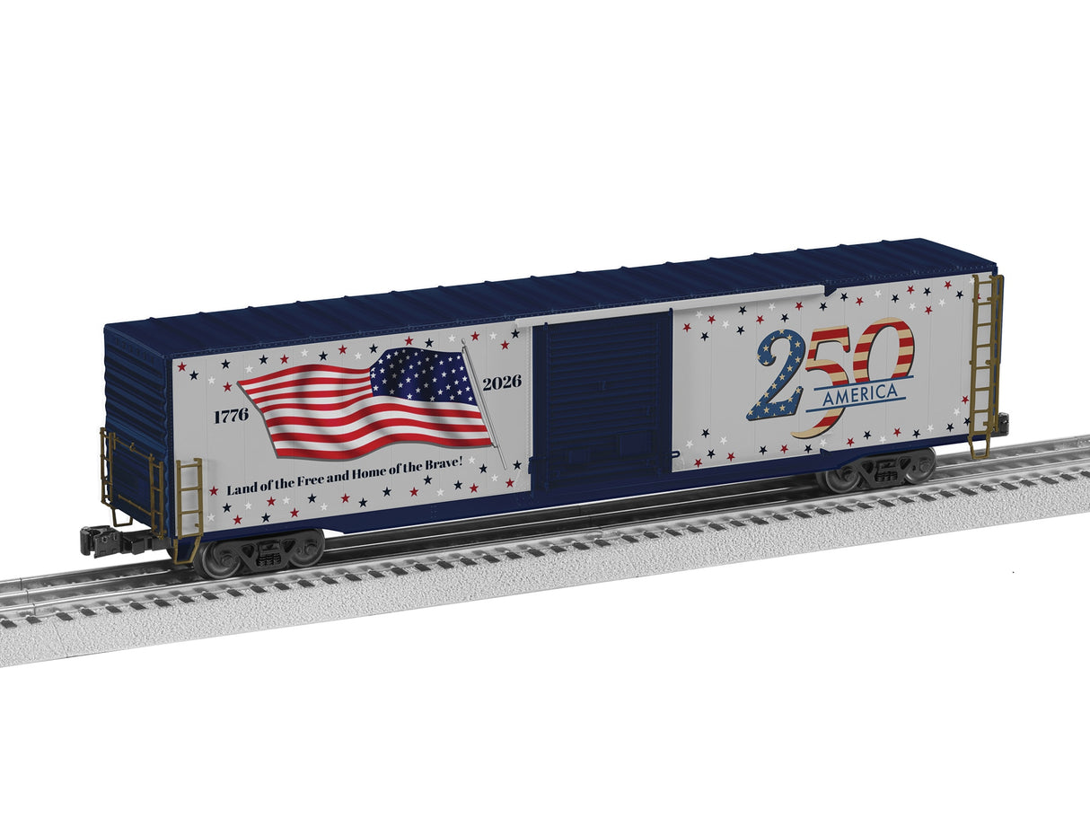 PREORDER Lionel O 2626010 3-Rail Pullman-Standard PS-1 60' Single-Door Boxcar with Lights, America 250 | 188.99
