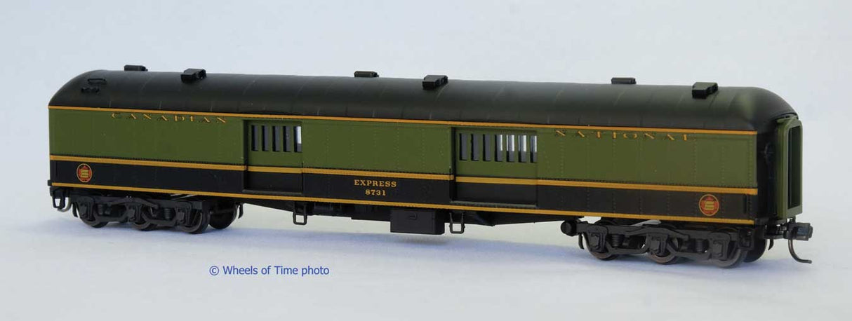 PREORDER Wheels of Time N 25005 Class BE-73-C 70' Baggage-Express with Arched Roof, Canadian National #8731 (green, black, Maple Leaf Logo)
