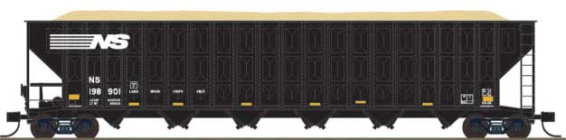 PREORDER Trainworx N 2701308 Greenville 7000-Cubic Foot Wood Chip Hopper, Norfolk Southern #198916 (black, white, yellow conspicuity striping)