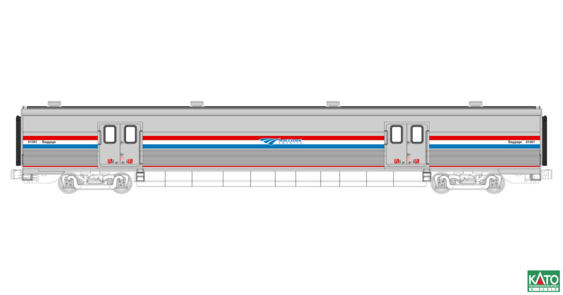 PREORDER Kato N 156-0964 Viewliner II Baggage Car, Amtrak #61061 (Phase III; Stainless; red, white, blue; Travelscape Logo)