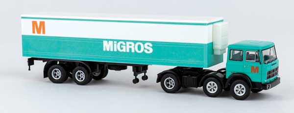 PREORDER Brekina HO 58582 1970 Fiat 691T Tractor with Low-Side Trailer and Cover, Migros | 40.79