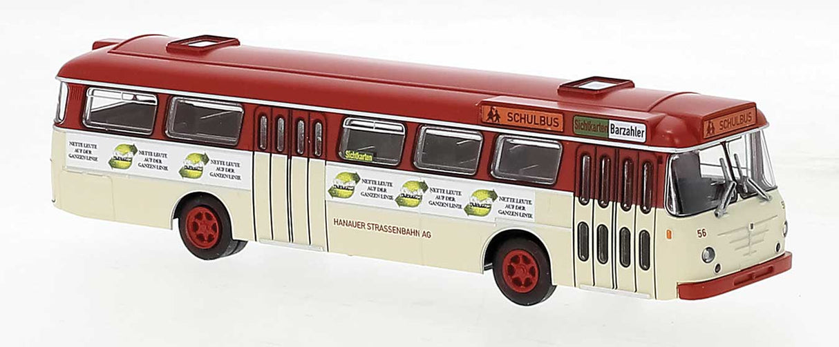 PREORDER Brekina HO 59385 1962 Bussing Senator Bus, Assembled, Hanau, Germany (ivory, red, Nette Leute Ad, German Lettering)