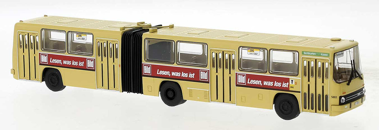 PREORDER Brekina HO 59735 1985 Ikarus 280.02 Articulated Bus, Assembled, BVG, Germany (yellow, red, Bild-Zeitung Ad, German Lettering)
