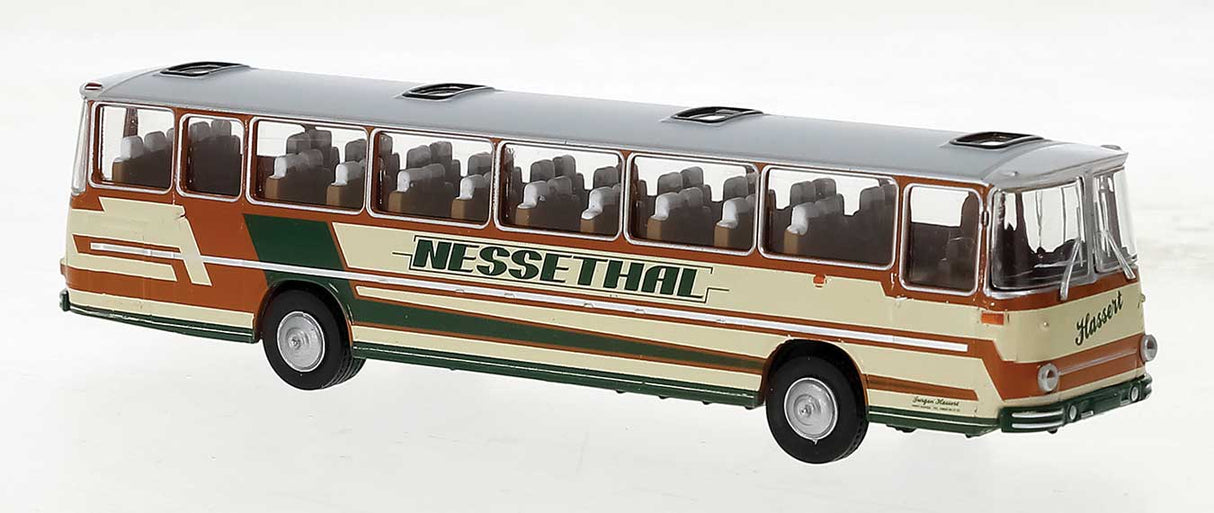 PREORDER Brekina HO 59937 1973 Fleischer S5 Bus, Assembled, Nessethal (yellow, gray, green, brown, German Lettering)