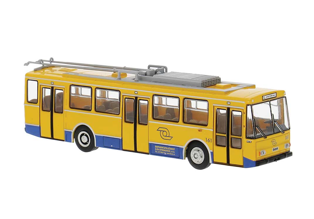 PREORDER Brekina HO 61379 Skoda Tr 14 Electric Trolley Bus, Assembled, Otrokovic, Germany (yellow, blue, German Lettering)