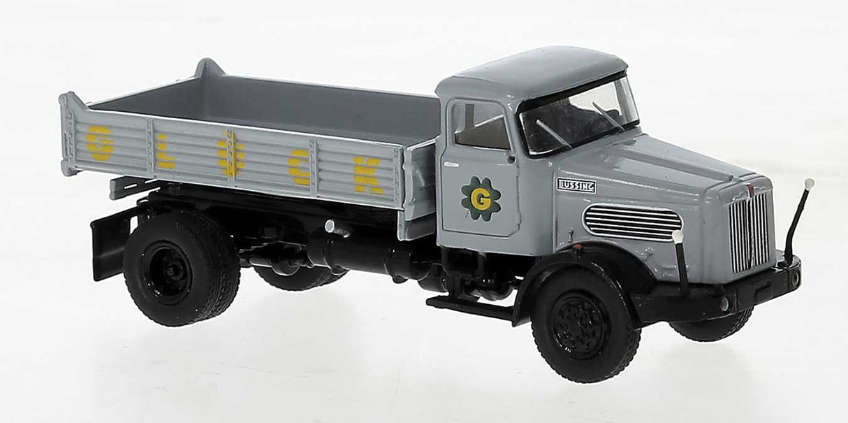 PREORDER Brekina HO 79256 1963 Bussing Commodore Dump Truck, Assembled, Gluck (gray, yellow, German Lettering)