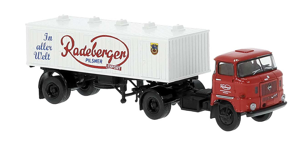 PREORDER Brekina HO 71213 1965 IFA W 50 Tractor with Beer Tank Trailer, Assembled, Radeberger Bier (red, white, German Lettering)