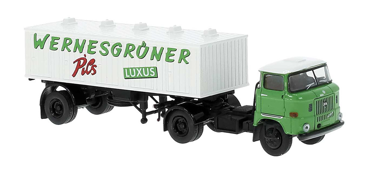 PREORDER Brekina HO 71214 1965 IFA W 50 Tractor with Beer Tank Trailer, Assembled, Wernesgruner Bier (green, white, red, German Lettering)