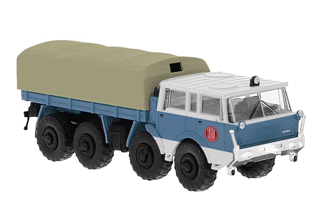 PREORDER Brekina HO 71941 1968 Tatra 813 Koloss Low-Side Truck, Assembled, Tatra Fire Department (blue, white, gray, German Lettering)